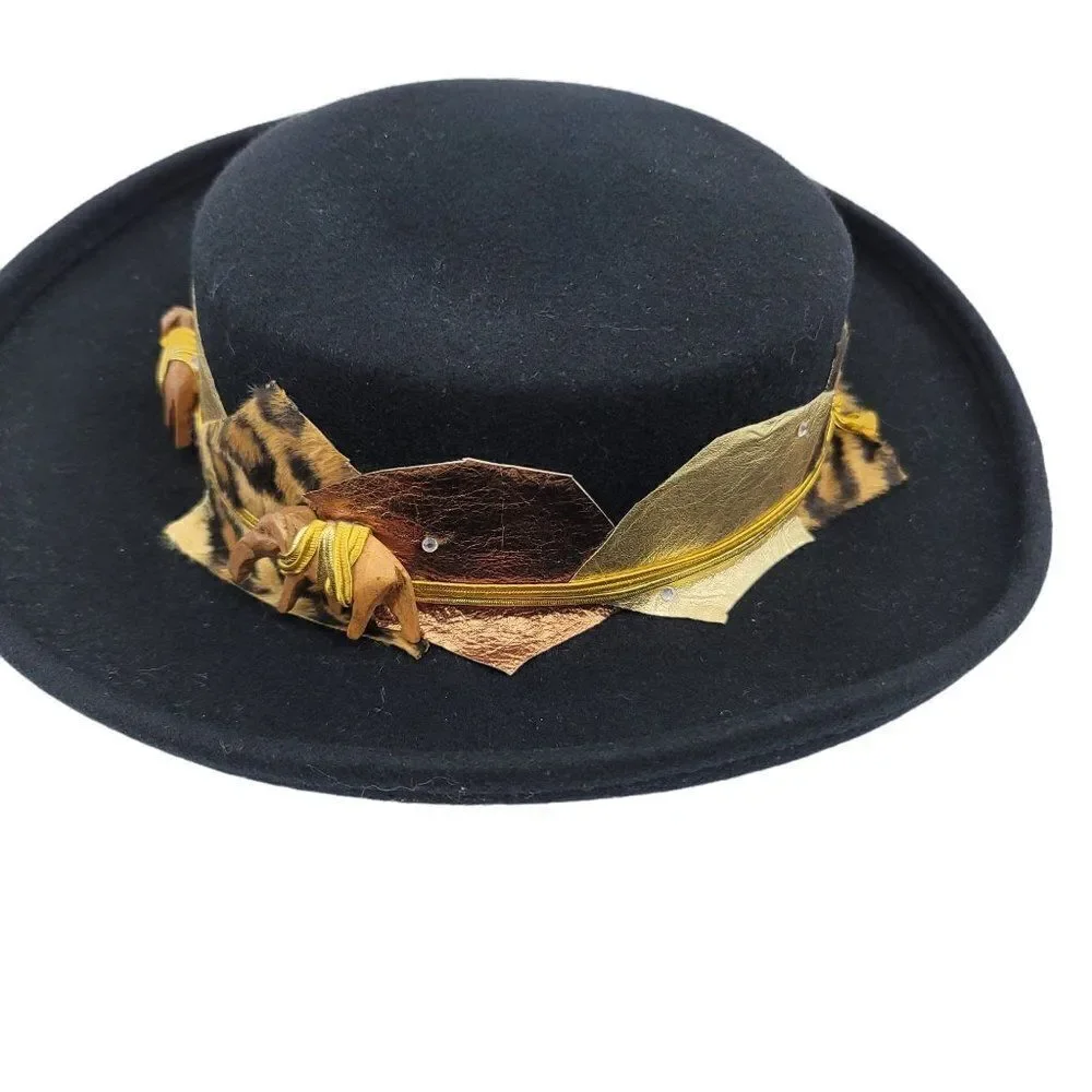 Vintage 50's Womens Sonni Hat Fedora Black Gold Animal Patchwork Accent Madonna - Picture 9 of 10